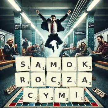 Kreatywna ilustracja do gry w Scrabble ze słowem SAMOKROCZACYMI ułożonym z płytek na planszy.