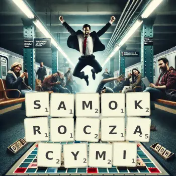 Kreatywna ilustracja do gry w Scrabble ze słowem SAMOKROCZĄCYMI ułożonym z płytek na planszy.