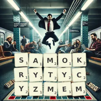 Kreatywna ilustracja do gry w Scrabble ze słowem SAMOKRYTYCYZMEM ułożonym z płytek na planszy.