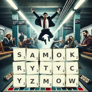 Kreatywna ilustracja do gry w Scrabble ze słowem SAMOKRYTYCYZMOW ułożonym z płytek na planszy.