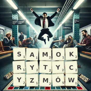 Kreatywna ilustracja do gry w Scrabble ze słowem SAMOKRYTYCYZMÓW ułożonym z płytek na planszy.