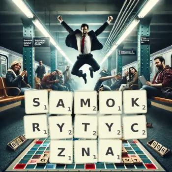 Kreatywna ilustracja do gry w Scrabble ze słowem SAMOKRYTYCZNA ułożonym z płytek na planszy.