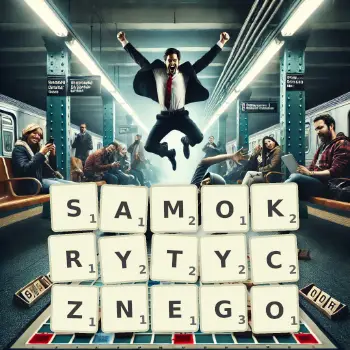 Kreatywna ilustracja do gry w Scrabble ze słowem SAMOKRYTYCZNEGO ułożonym z płytek na planszy.