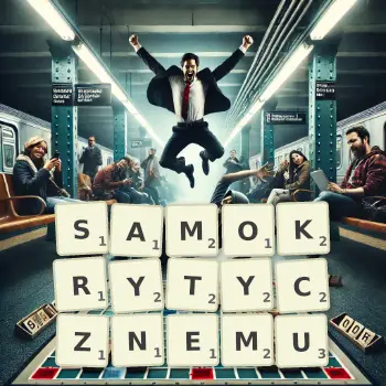 Kreatywna ilustracja do gry w Scrabble ze słowem SAMOKRYTYCZNEMU ułożonym z płytek na planszy.