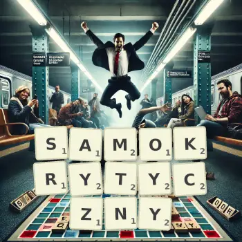 Kreatywna ilustracja do gry w Scrabble ze słowem SAMOKRYTYCZNY ułożonym z płytek na planszy.