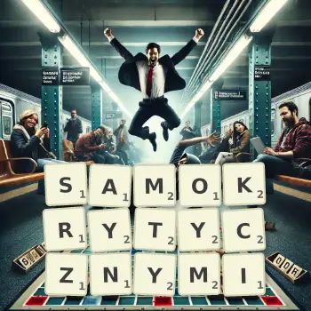 Kreatywna ilustracja do gry w Scrabble ze słowem SAMOKRYTYCZNYMI ułożonym z płytek na planszy.