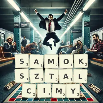Kreatywna ilustracja do gry w Scrabble ze słowem SAMOKSZTALCIMY ułożonym z płytek na planszy.