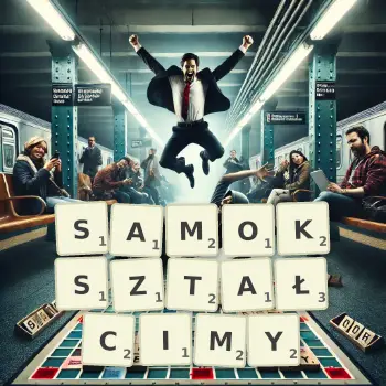 Kreatywna ilustracja do gry w Scrabble ze słowem SAMOKSZTAŁCIMY ułożonym z płytek na planszy.