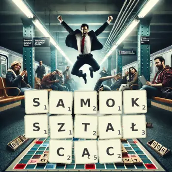 Kreatywna ilustracja do gry w Scrabble ze słowem SAMOKSZTAŁCĄC ułożonym z płytek na planszy.