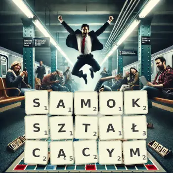 Kreatywna ilustracja do gry w Scrabble ze słowem SAMOKSZTAŁCĄCYM ułożonym z płytek na planszy.