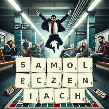 Kreatywna ilustracja do gry w Scrabble ze słowem SAMOLECZENIACH ułożonym z płytek na planszy.