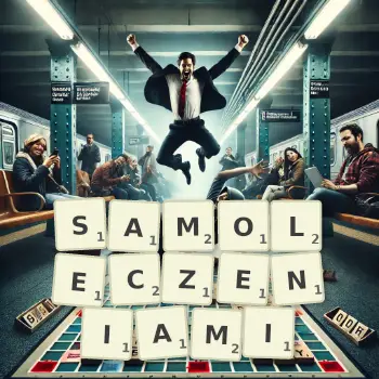 Kreatywna ilustracja do gry w Scrabble ze słowem SAMOLECZENIAMI ułożonym z płytek na planszy.
