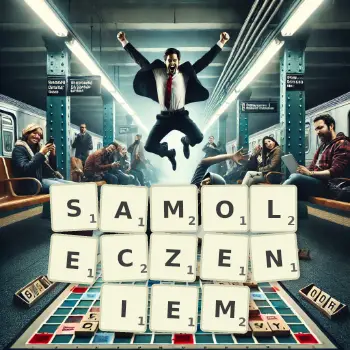 Kreatywna ilustracja do gry w Scrabble ze słowem SAMOLECZENIEM ułożonym z płytek na planszy.