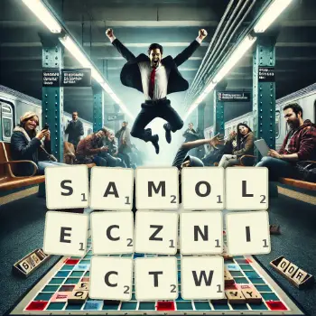 Kreatywna ilustracja do gry w Scrabble ze słowem SAMOLECZNICTW ułożonym z płytek na planszy.