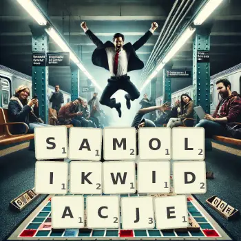 Kreatywna ilustracja do gry w Scrabble ze słowem SAMOLIKWIDACJE ułożonym z płytek na planszy.