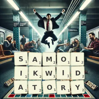 Kreatywna ilustracja do gry w Scrabble ze słowem SAMOLIKWIDATORY ułożonym z płytek na planszy.