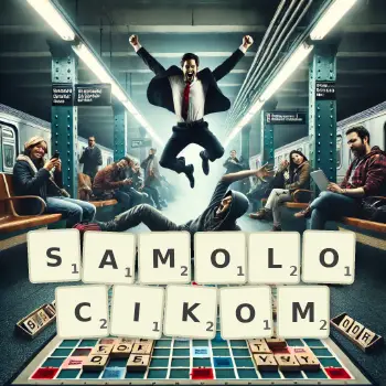 Kreatywna ilustracja do gry w Scrabble ze słowem SAMOLOCIKOM ułożonym z płytek na planszy.