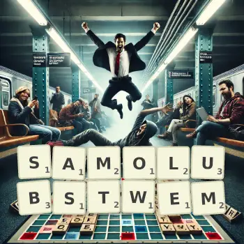 Kreatywna ilustracja do gry w Scrabble ze słowem SAMOLUBSTWEM ułożonym z płytek na planszy.