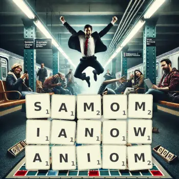 Kreatywna ilustracja do gry w Scrabble ze słowem SAMOMIANOWANIOM ułożonym z płytek na planszy.