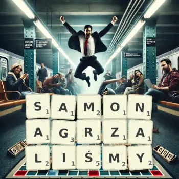 Kreatywna ilustracja do gry w Scrabble ze słowem SAMONAGRZALIŚMY ułożonym z płytek na planszy.