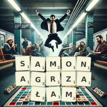 Kreatywna ilustracja do gry w Scrabble ze słowem SAMONAGRZAŁAM ułożonym z płytek na planszy.