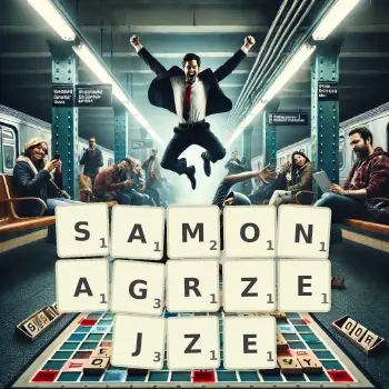 Kreatywna ilustracja do gry w Scrabble ze słowem SAMONAGRZEJZE ułożonym z płytek na planszy.