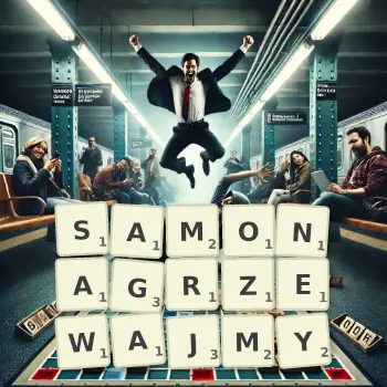 Kreatywna ilustracja do gry w Scrabble ze słowem SAMONAGRZEWAJMY ułożonym z płytek na planszy.