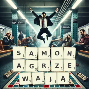 Kreatywna ilustracja do gry w Scrabble ze słowem SAMONAGRZEWAJĄ ułożonym z płytek na planszy.