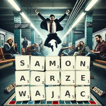 Kreatywna ilustracja do gry w Scrabble ze słowem SAMONAGRZEWAJĄC ułożonym z płytek na planszy.