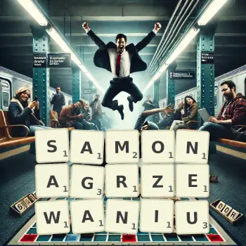 Kreatywna ilustracja do gry w Scrabble ze słowem SAMONAGRZEWANIU ułożonym z płytek na planszy.