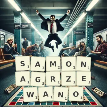 Kreatywna ilustracja do gry w Scrabble ze słowem SAMONAGRZEWANO ułożonym z płytek na planszy.