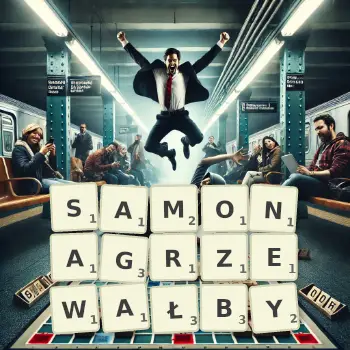 Kreatywna ilustracja do gry w Scrabble ze słowem SAMONAGRZEWAŁBY ułożonym z płytek na planszy.