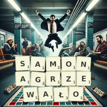 Kreatywna ilustracja do gry w Scrabble ze słowem SAMONAGRZEWAŁO ułożonym z płytek na planszy.