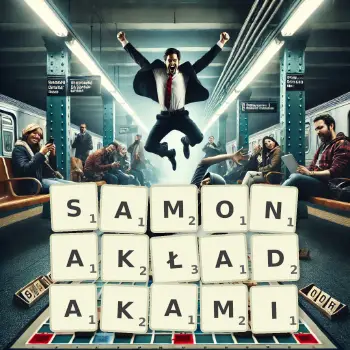 Kreatywna ilustracja do gry w Scrabble ze słowem SAMONAKŁADAKAMI ułożonym z płytek na planszy.