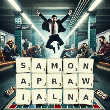 Kreatywna ilustracja do gry w Scrabble ze słowem SAMONAPRAWIALNA ułożonym z płytek na planszy.