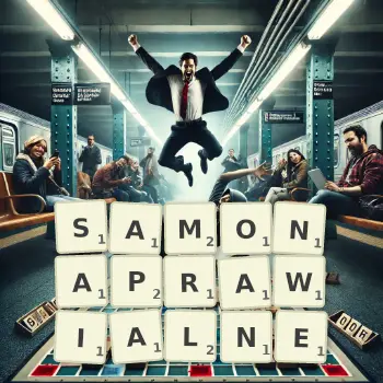 Kreatywna ilustracja do gry w Scrabble ze słowem SAMONAPRAWIALNE ułożonym z płytek na planszy.