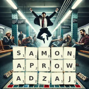 Kreatywna ilustracja do gry w Scrabble ze słowem SAMONAPROWADZAJ ułożonym z płytek na planszy.