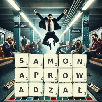 Kreatywna ilustracja do gry w Scrabble ze słowem SAMONAPROWADZAŁ ułożonym z płytek na planszy.