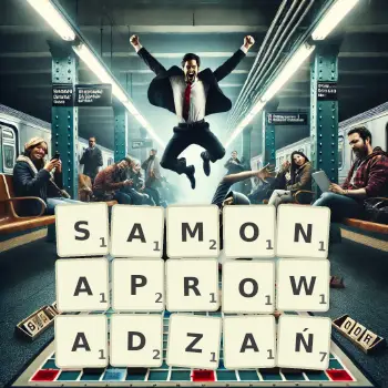 Kreatywna ilustracja do gry w Scrabble ze słowem SAMONAPROWADZAŃ ułożonym z płytek na planszy.