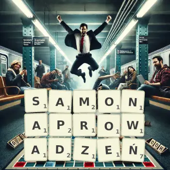 Kreatywna ilustracja do gry w Scrabble ze słowem SAMONAPROWADZEŃ ułożonym z płytek na planszy.