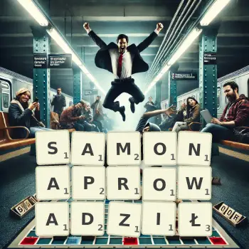 Kreatywna ilustracja do gry w Scrabble ze słowem SAMONAPROWADZIŁ ułożonym z płytek na planszy.