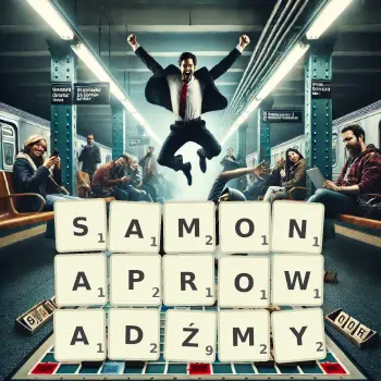 Kreatywna ilustracja do gry w Scrabble ze słowem SAMONAPROWADŹMY ułożonym z płytek na planszy.