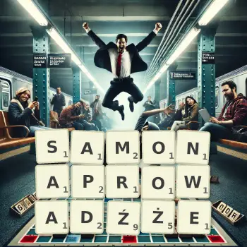 Kreatywna ilustracja do gry w Scrabble ze słowem SAMONAPROWADŹŻE ułożonym z płytek na planszy.