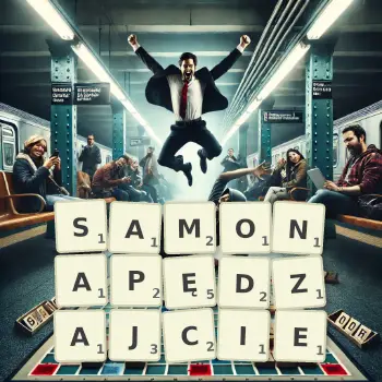 Kreatywna ilustracja do gry w Scrabble ze słowem SAMONAPĘDZAJCIE ułożonym z płytek na planszy.