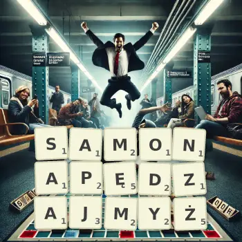 Kreatywna ilustracja do gry w Scrabble ze słowem SAMONAPĘDZAJMYŻ ułożonym z płytek na planszy.