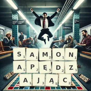 Kreatywna ilustracja do gry w Scrabble ze słowem SAMONAPĘDZAJĄC ułożonym z płytek na planszy.