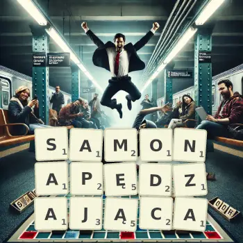 Kreatywna ilustracja do gry w Scrabble ze słowem SAMONAPĘDZAJĄCA ułożonym z płytek na planszy.