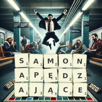 Kreatywna ilustracja do gry w Scrabble ze słowem SAMONAPĘDZAJĄCE ułożonym z płytek na planszy.