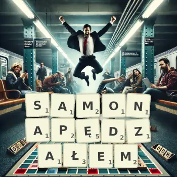 Kreatywna ilustracja do gry w Scrabble ze słowem SAMONAPĘDZAŁEM ułożonym z płytek na planszy.