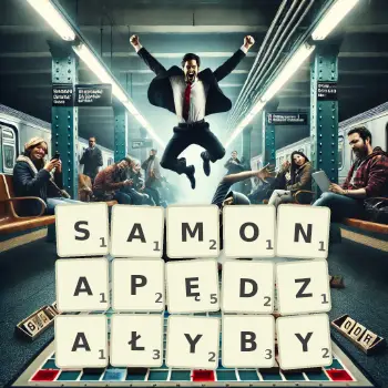 Kreatywna ilustracja do gry w Scrabble ze słowem SAMONAPĘDZAŁYBY ułożonym z płytek na planszy.